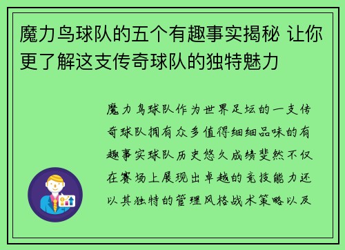 魔力鸟球队的五个有趣事实揭秘 让你更了解这支传奇球队的独特魅力